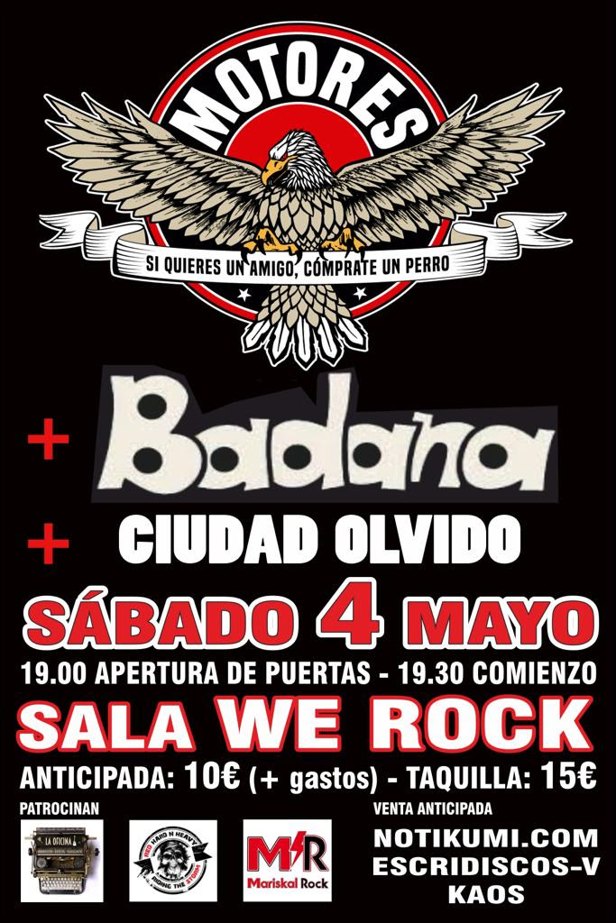 MOTORES + BADANA + CIUDAD OLVIDO en Madrid el 4 de mayo